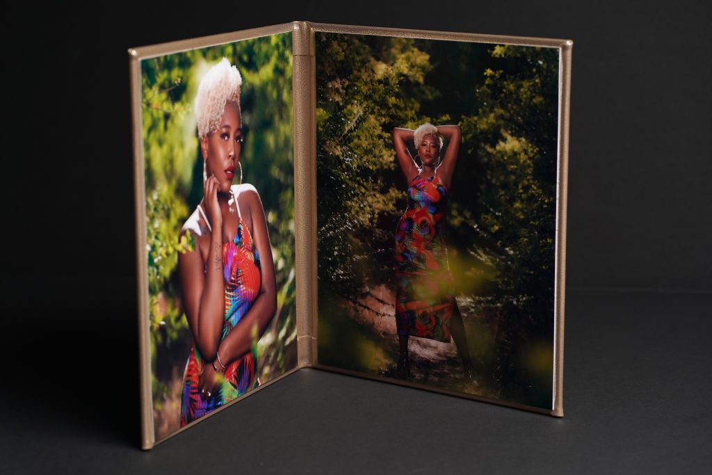 Bifold folio with 2 full images with gold cover material