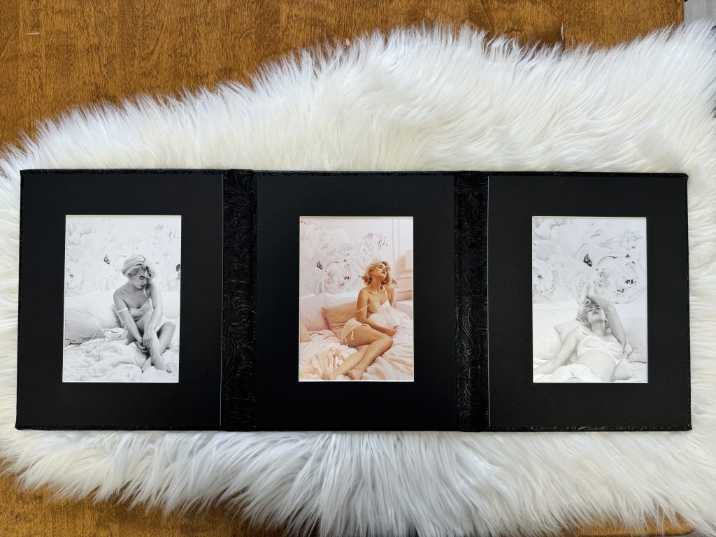 trifold folio with 3 black matted images
