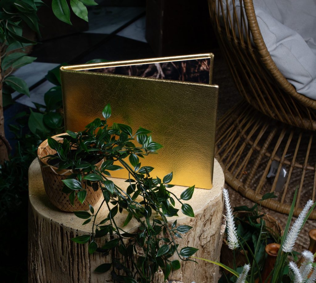 Bifold folio with 2 images in a bright gold leather