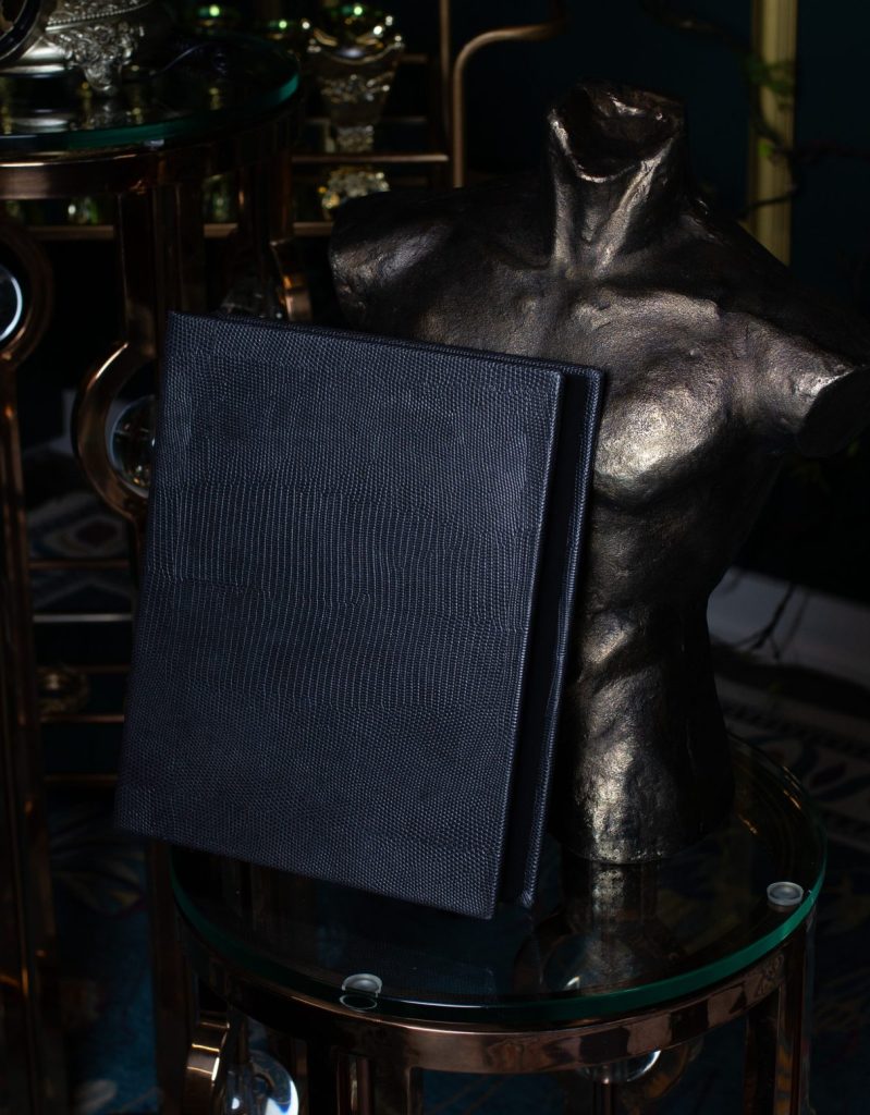 Black crocodile patterned leather presentation box for matted prints